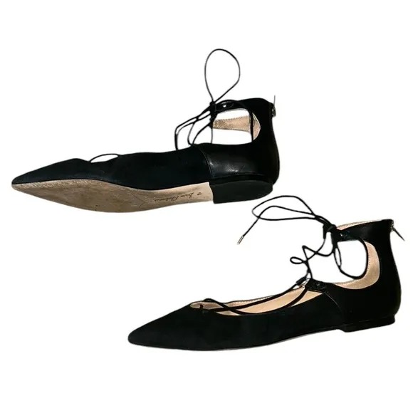 Sam Edelman Rosie Black Suede Leather Lace Up Bow Tie Flats - 8.5