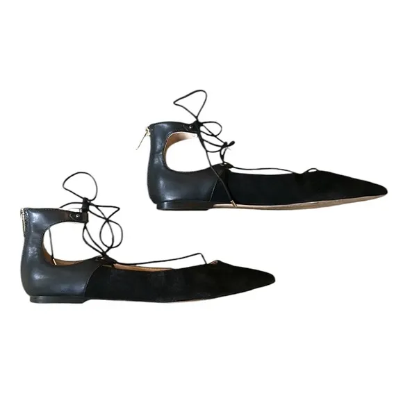 Sam Edelman Rosie Black Suede Leather Lace Up Bow Tie Flats - 8.5