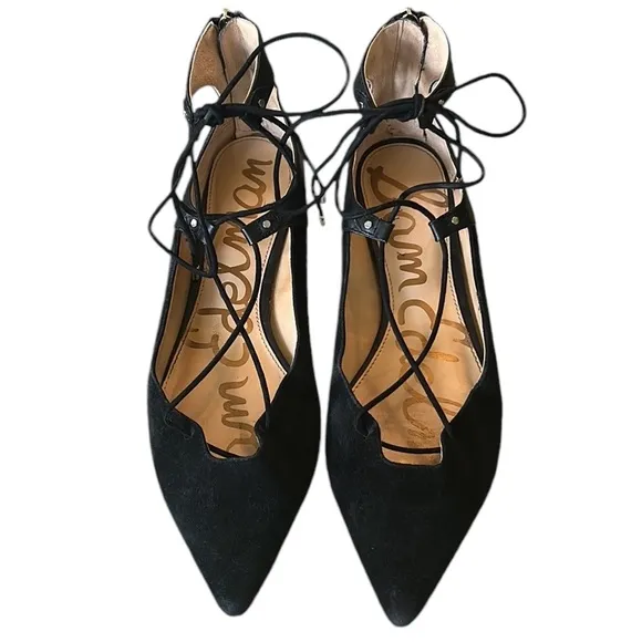 Sam Edelman Rosie Black Suede Leather Lace Up Bow Tie Flats - 8.5
