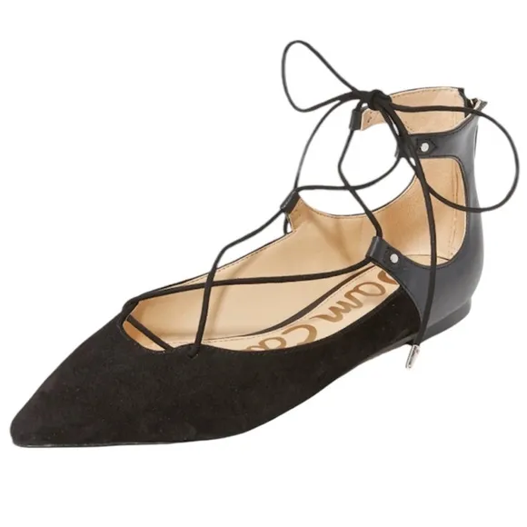 Sam Edelman Rosie Black Suede Leather Lace Up Bow Tie Flats - 8.5