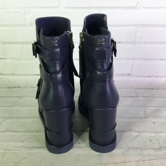 Sam Edelman Womens Leather Wedge Moto Boots Blue
