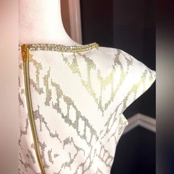 Sangria White and Gold Metallic Cap Sleeve Rhinestone Shift Dress