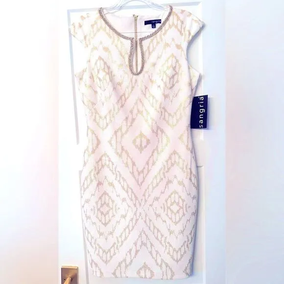 Sangria White and Gold Metallic Cap Sleeve Rhinestone Shift Dress