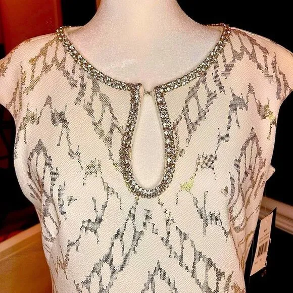 Sangria White and Gold Metallic Cap Sleeve Rhinestone Shift Dress