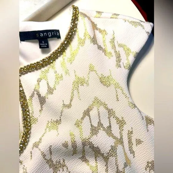 Sangria White and Gold Metallic Cap Sleeve Rhinestone Shift Dress