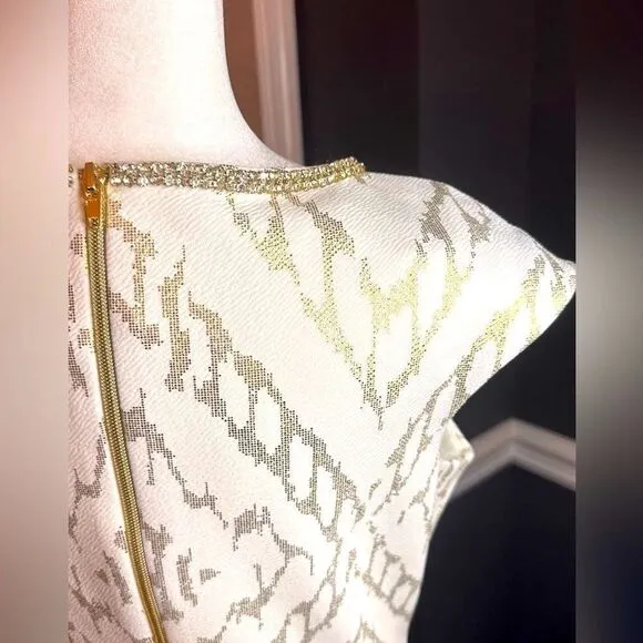 Sangria White and Gold Metallic Cap Sleeve Rhinestone Shift Dress