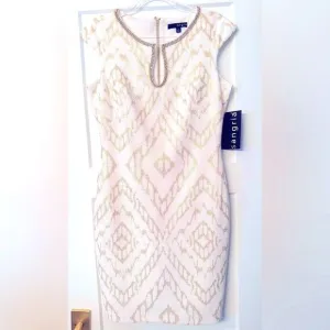 Sangria White and Gold Metallic Cap Sleeve Rhinestone Shift Dress