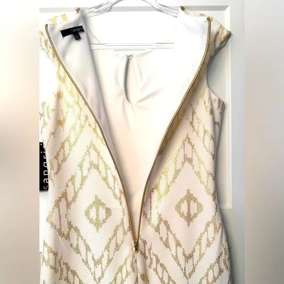 Sangria White and Gold Metallic Cap Sleeve Rhinestone Shift Dress