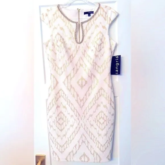 Sangria White and Gold Metallic Cap Sleeve Rhinestone Shift Dress