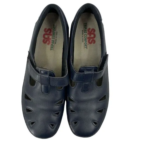 SAS Roamer Comfort Shoes Blue Black Hook &amp; Loop Soft Step Cutout Round Toe 8N