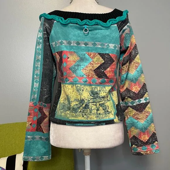 Save the Queen Geometric Full Zip Boatneck Cardigan Sweater