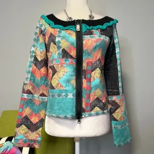 Save the Queen Geometric Full Zip Boatneck Cardigan Sweater