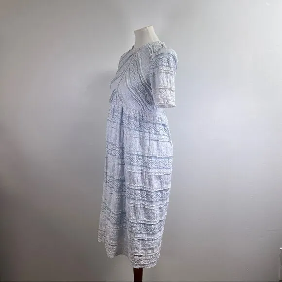 Saving Paige Floral lace short sleeved dress, sz small. Light blue white tiered