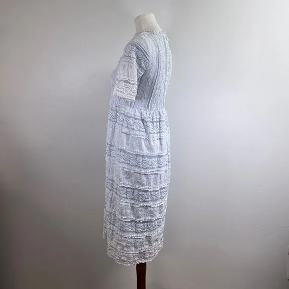 Saving Paige Floral lace short sleeved dress, sz small. Light blue white tiered