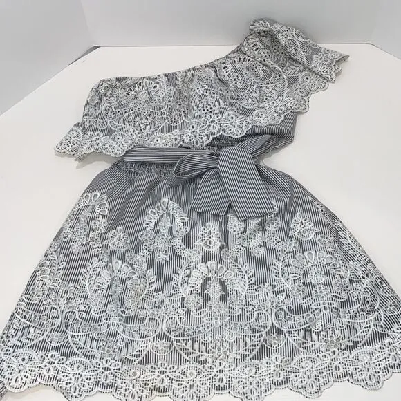 Saylor Grey &amp; White Pinstripe One Shoulder Mini Dress Size Small