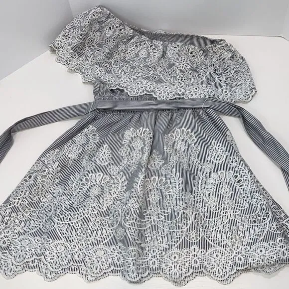 Saylor Grey &amp; White Pinstripe One Shoulder Mini Dress Size Small