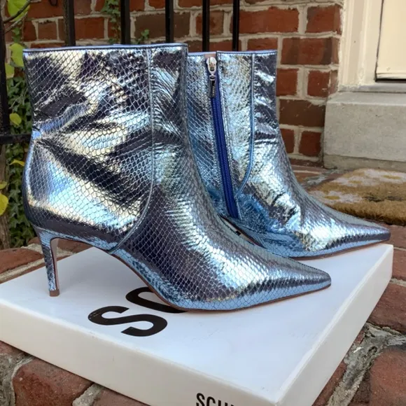 Schutz Bette Ankle Boots Metallic Blue Leather Size 9.5