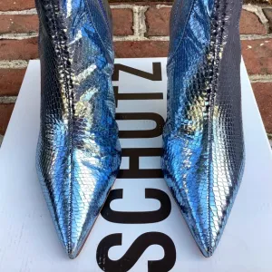 Schutz Bette Ankle Boots Metallic Blue Leather Size 9.5
