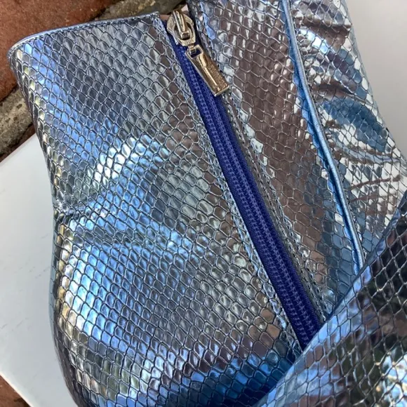 Schutz Bette Ankle Boots Metallic Blue Leather Size 9.5