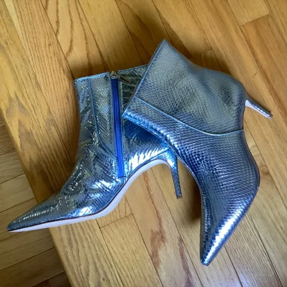 Schutz Bette Ankle Boots Metallic Blue Leather Size 9.5