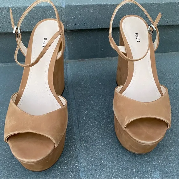 Schutz chunky platform Heels wedge Sandals Mega camel brown Strappy 10 Patycia