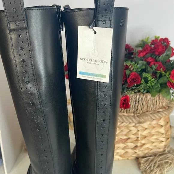 SCOTCH &amp; SODAMade In Portugal Leather Laced Up High Shaft Boots Sz 38/7.5