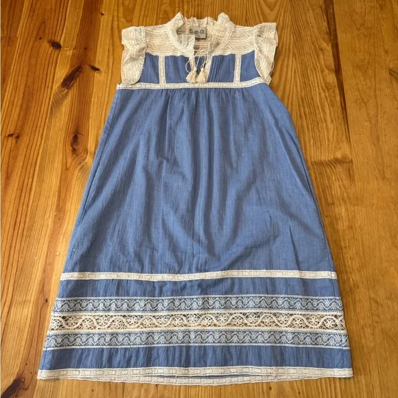 Sea New York Roseanna Chambray Lace Dress in Blue Cotton Women’s SIZE 4