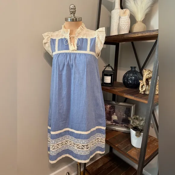 Sea New York Roseanna Chambray Lace Dress in Blue Cotton Women’s SIZE 4