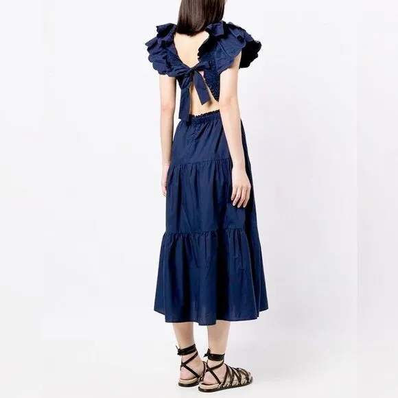 Sea NY Heidi Flutter Sleeve Smocked Navy Midi Dress 2