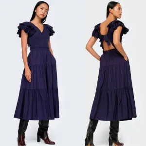 Sea NY Heidi Flutter Sleeve Smocked Navy Midi Dress 2