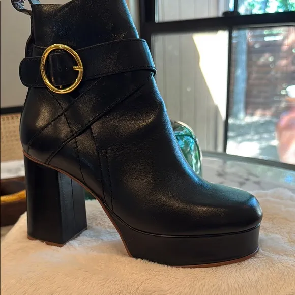 See By Chloe Black Leather Platform Ankle Boots with Gold Buckle Sz 38