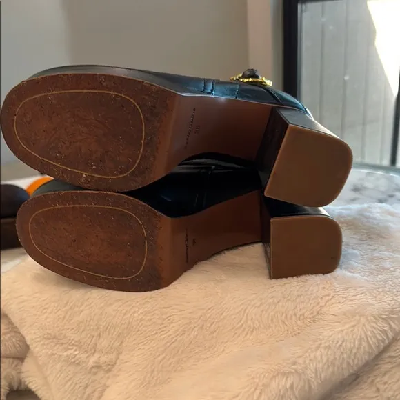 See By Chloe Black Leather Platform Ankle Boots with Gold Buckle Sz 38