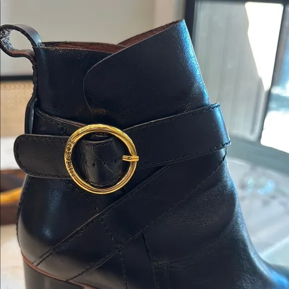 See By Chloe Black Leather Platform Ankle Boots with Gold Buckle Sz 38