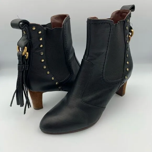 See by Chloé Dasha Studded Textured-Leather Ankle Boots Black Size 38