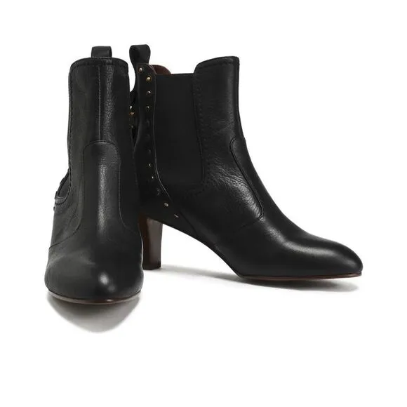 See by Chloé Dasha Studded Textured-Leather Ankle Boots Black Size 38
