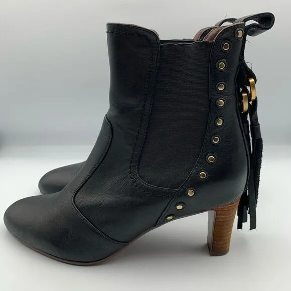 See by Chloé Dasha Studded Textured-Leather Ankle Boots Black Size 38