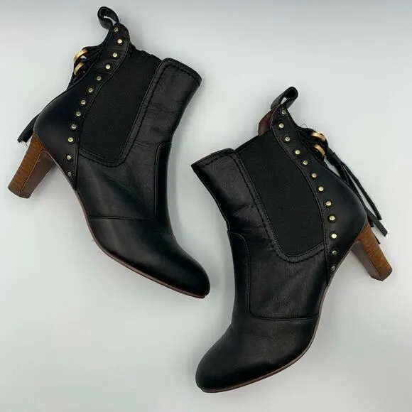 See by Chloé Dasha Studded Textured-Leather Ankle Boots Black Size 38