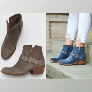 Söfft ALLENE Suede Moto Bootie Studs Buckles Side Zip Western Cowboy Boots Taupe