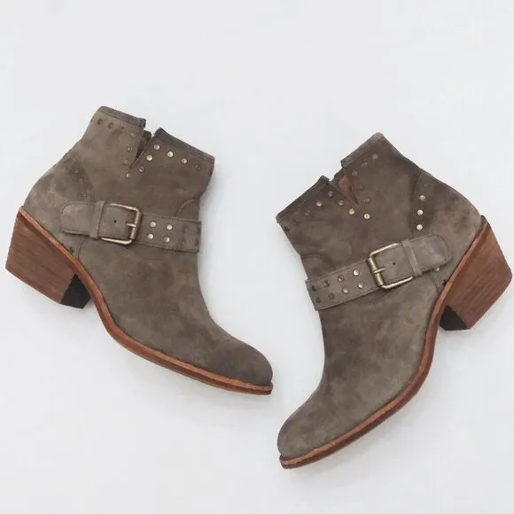 Söfft ALLENE Suede Moto Bootie Studs Buckles Side Zip Western Cowboy Boots Taupe