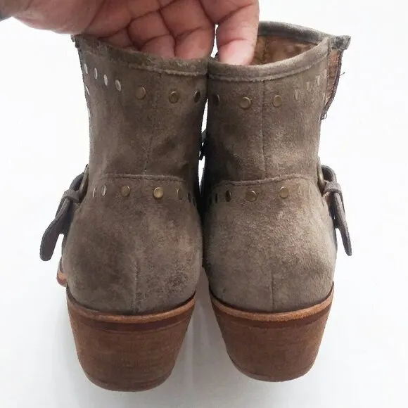 Söfft ALLENE Suede Moto Bootie Studs Buckles Side Zip Western Cowboy Boots Taupe