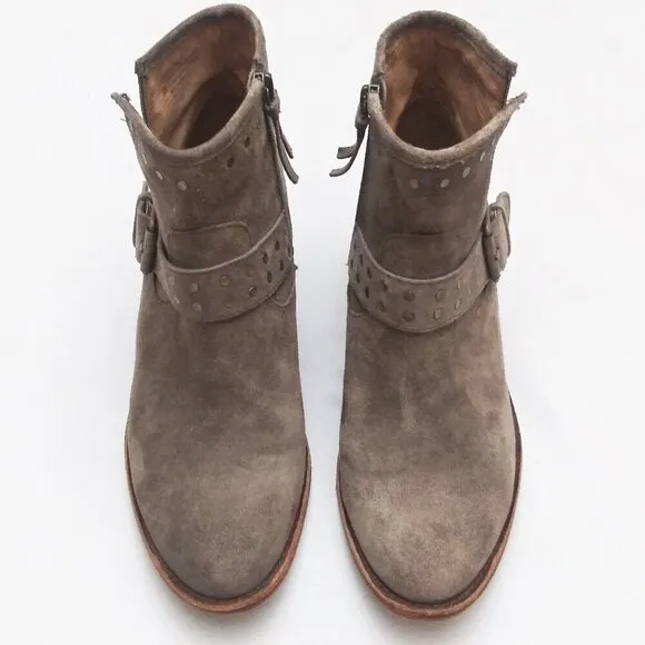 Söfft ALLENE Suede Moto Bootie Studs Buckles Side Zip Western Cowboy Boots Taupe