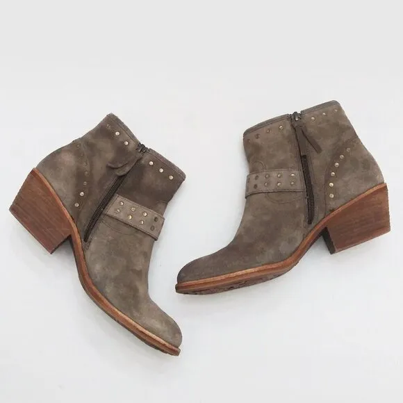 Söfft ALLENE Suede Moto Bootie Studs Buckles Side Zip Western Cowboy Boots Taupe