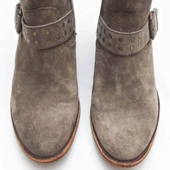 Söfft ALLENE Suede Moto Bootie Studs Buckles Side Zip Western Cowboy Boots Taupe