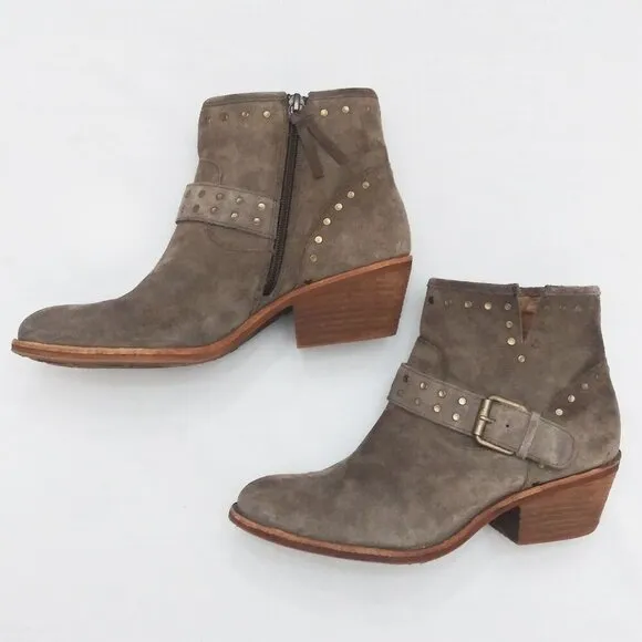 Söfft ALLENE Suede Moto Bootie Studs Buckles Side Zip Western Cowboy Boots Taupe