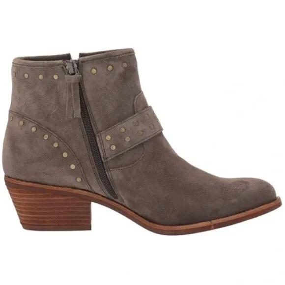 Söfft ALLENE Suede Moto Bootie Studs Buckles Side Zip Western Cowboy Boots Taupe