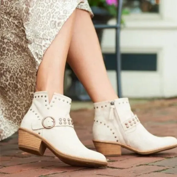 Söfft ALLENE Suede Moto Bootie Studs Buckles Side Zip Western Cowboy Boots Taupe