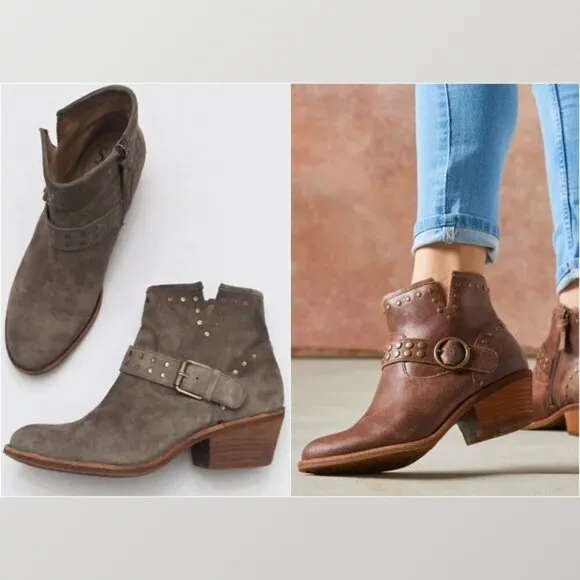 Söfft ALLENE Suede Moto Bootie Studs Buckles Side Zip Western Cowboy Boots Taupe