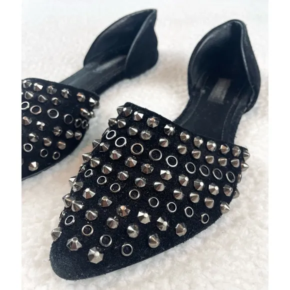 SHOEMINT • Cameron Black Suede Studded Pointed-Toe Flats