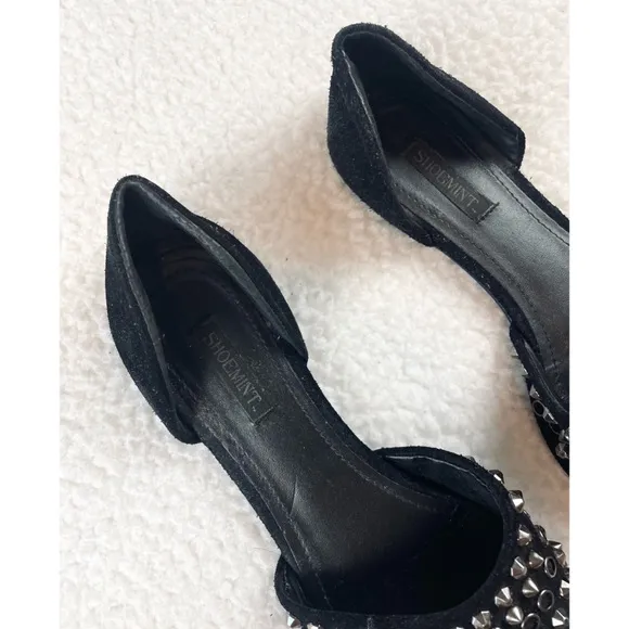 SHOEMINT • Cameron Black Suede Studded Pointed-Toe Flats