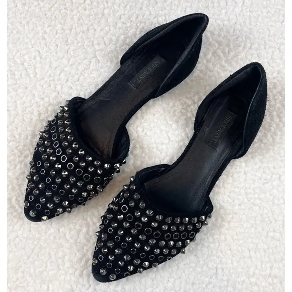 SHOEMINT • Cameron Black Suede Studded Pointed-Toe Flats